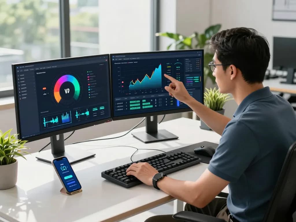 快连 VPN application on a modern workspace setup featuring multiple screens and high-tech accessories