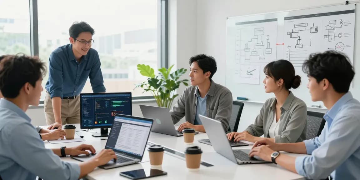 Business IT support services teamwork discussion in a modern office setting.