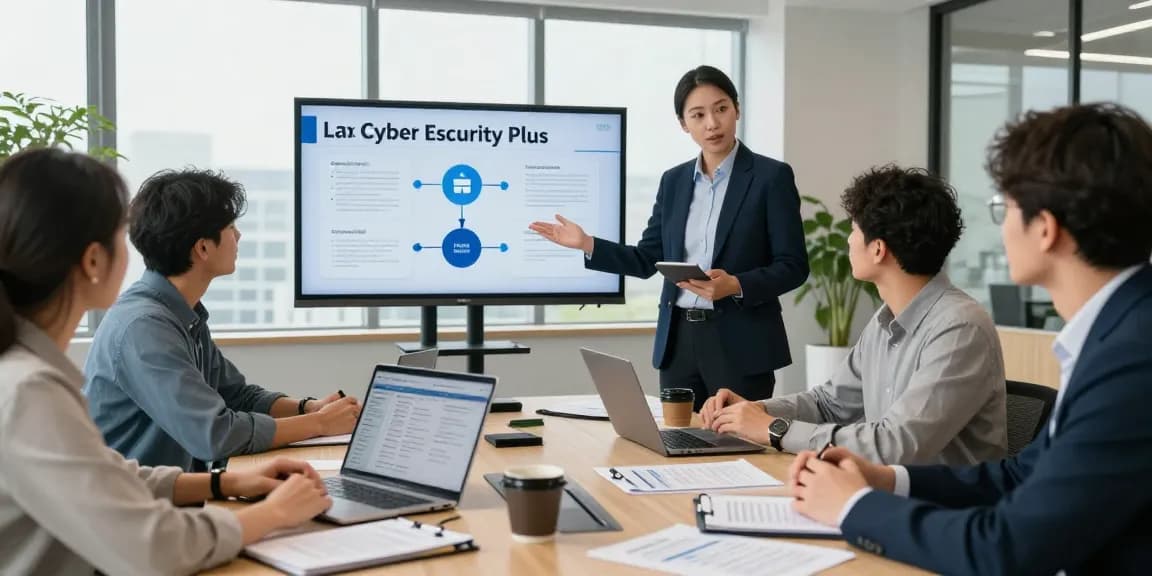 Cyber Essentials Plus consultation showcasing a cybersecurity expert guiding a team through compliance strategies in a professional office setting.