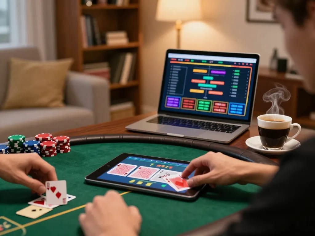 Player enjoying sun win on an online poker game with strategies visible on the table.