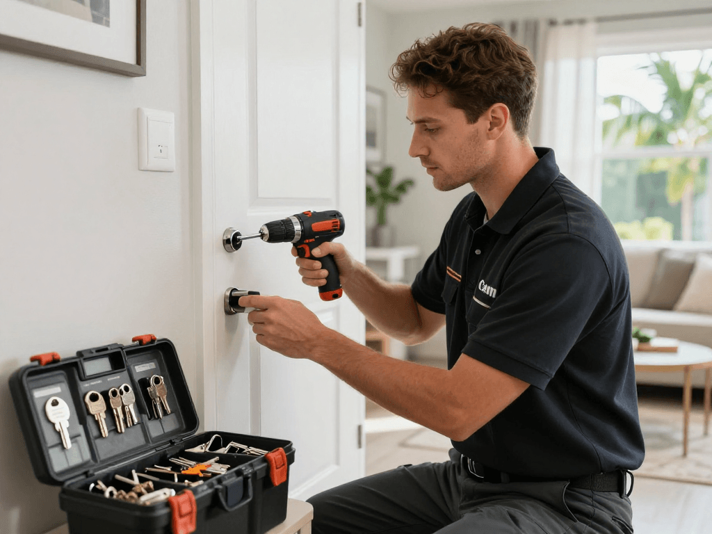Lock change Port St. Lucie by a professional locksmith in a residential setting.