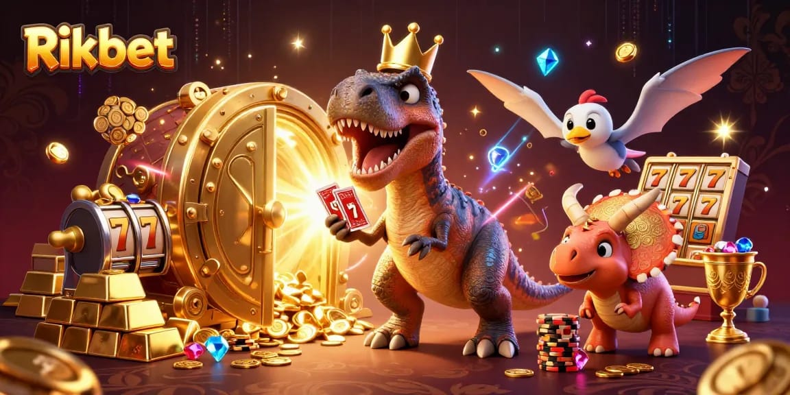 Rikbet welcomes players with a dynamic casino scene featuring a T-Rex and playful characters.