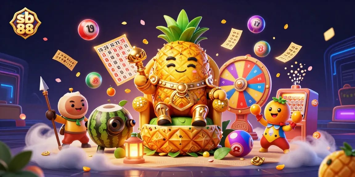 Join the fun with sb 88 as the golden pineapple king presides over a vibrant casino scene.