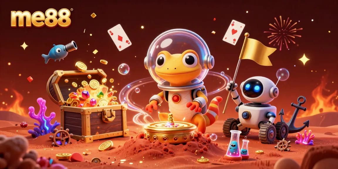 Engage with me88’s thrilling casino adventure as a Martian gecko discovers gold in a vibrant underwater world.