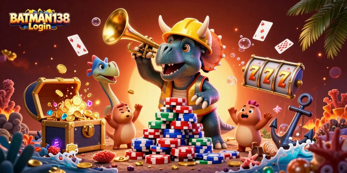 Join the excitement with BATMAN138 Login, as vibrant cartoon characters celebrate winning in a casino-themed scene.