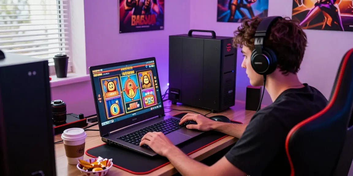 Engaged player enjoying slot poker on gaming laptop surrounded by vibrant decor and gear.