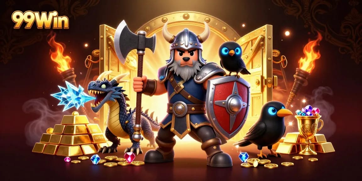 Experience thrilling wins with 99Win's vibrant 3D casino adventure featuring epic characters and treasures.