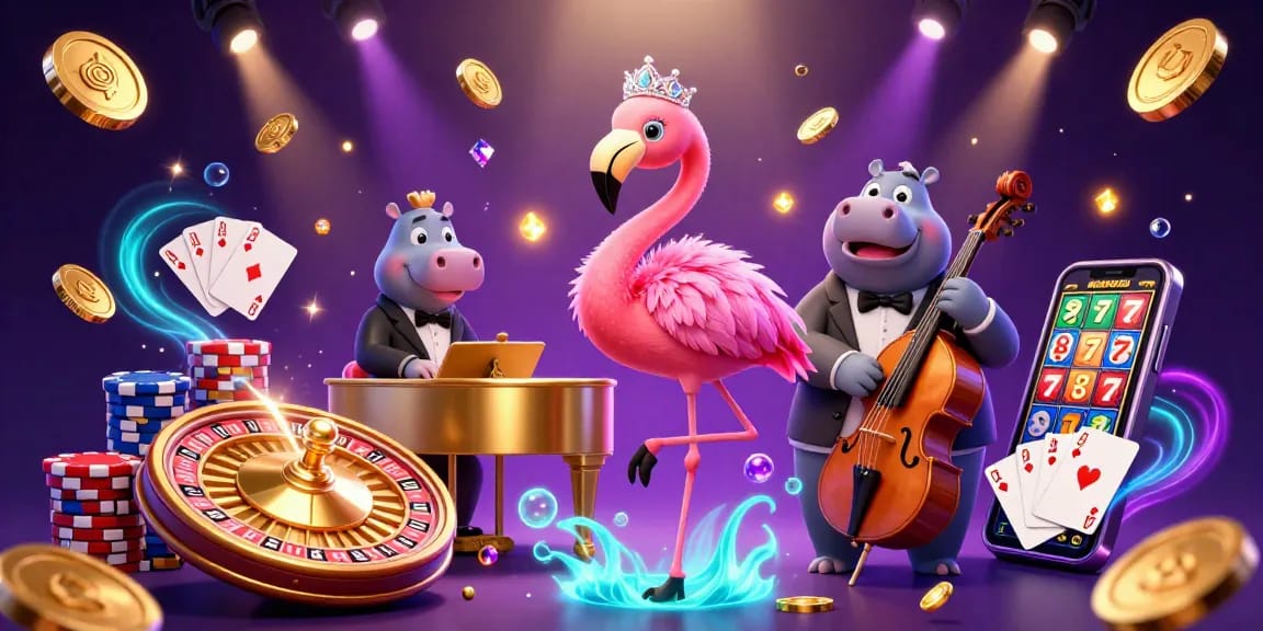 Engage with gái gọi through a vibrant casino scene with flamingo singer, coins, and roulette.