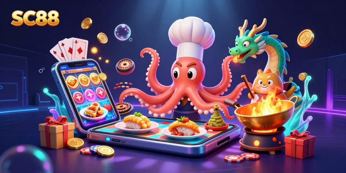 Engage with SC88’s exciting gaming experience featuring an octopus chef, dragon, and tanuki in a vibrant casino.