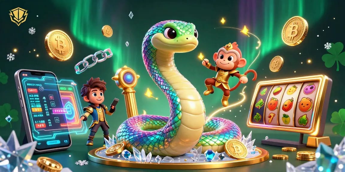 Play exciting slot games at UGDEWA, featuring a colorful rainbow serpent and vivid casino elements.