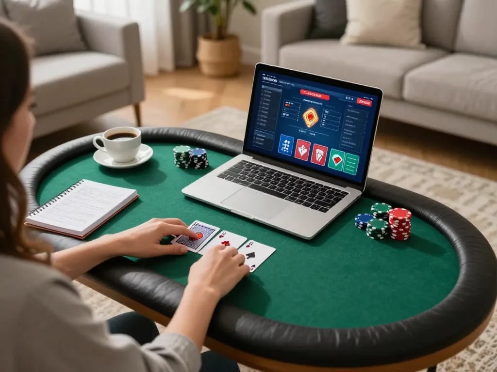 KADAL 778 engaging in an online poker game, showcasing strategy and excitement in a cozy living room.