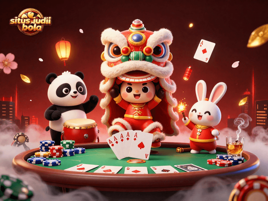 Experience situs judi bola action with vibrant cartoon characters and immersive casino elements in a lively scene.
