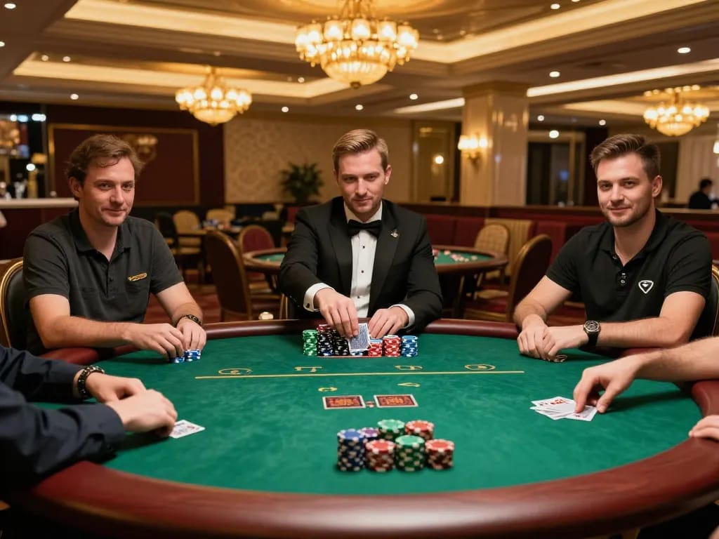 GG88 players strategizing in a high-stakes poker game at a luxurious casino table.