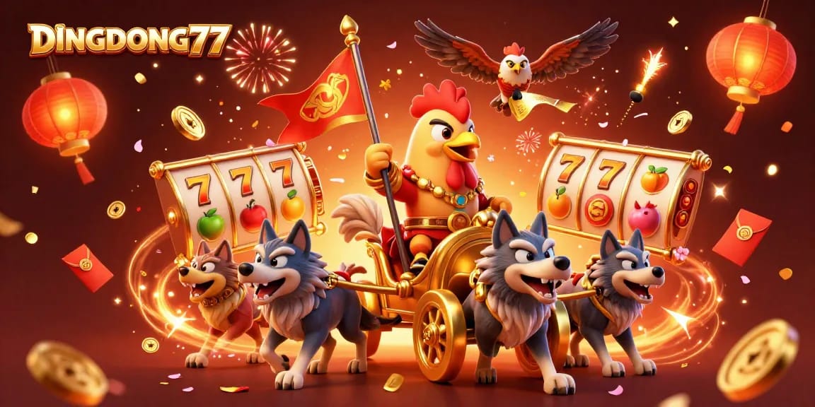 DINGDONG77 celebrates wins with an energetic 3D casino scene full of vibrant gambling elements.