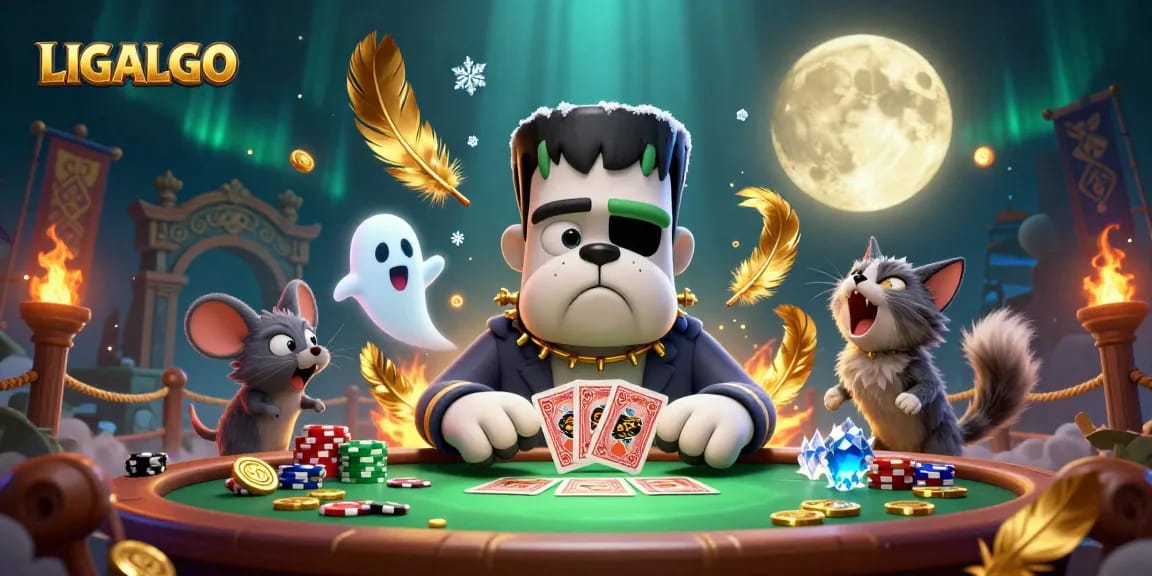 LIGALGO features a lively scene with cartoon characters in a casino, showcasing gameplay and excitement.