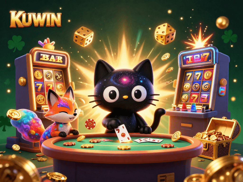 Experience KUWIN with a vibrant 3D casino illustration featuring a black hole cat and cosmic elements.