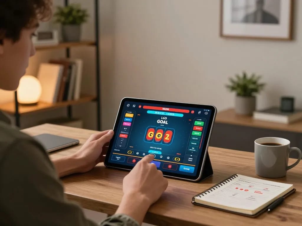 LGO GOAL user engaged in online gaming strategy with tablet in modern home office.