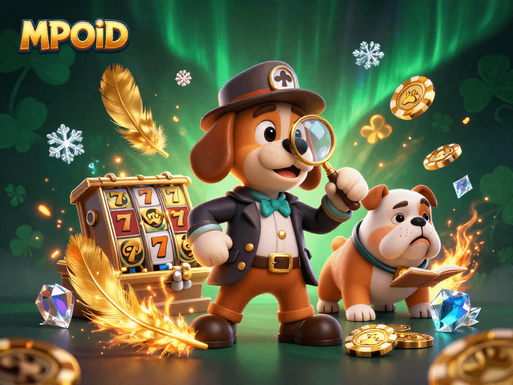 Engage with MPOID's dynamic casino experience, featuring a detective revealing treasure clues in a vibrant slot gaming scene.