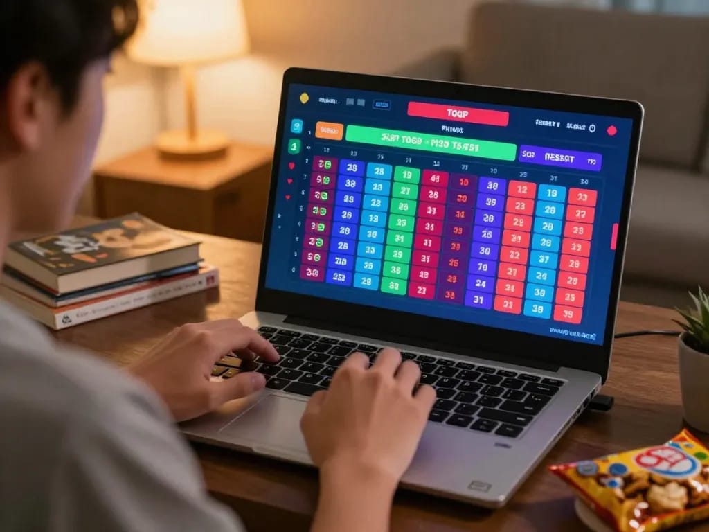 Engaged player reviewing data sgp results during online gaming session on laptop at home.