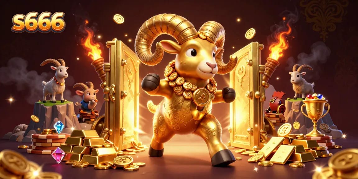 S666 captures the excitement of casino gaming with a dynamic scene of a golden ram and coin stacks.