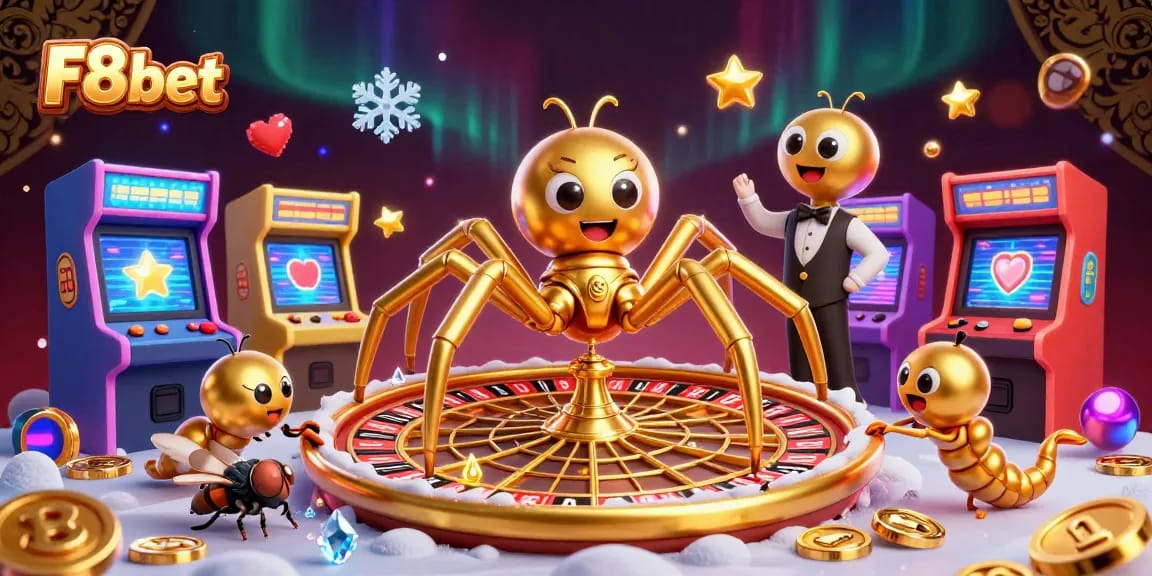Experience the thrill of F8bet with a vibrant 3D illustration of animated casino action.