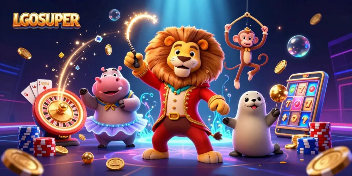 Experience the excitement of LGOSUPER with dynamic casino elements and colorful characters.