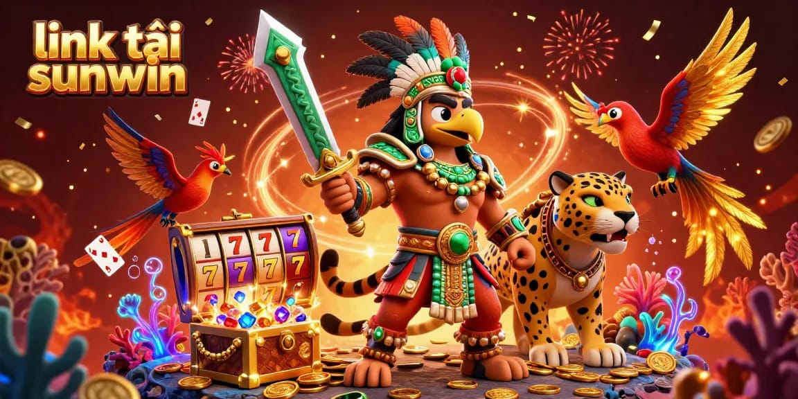 Experience thrill and excitement with link tải sunwin, featuring iconic Aztec warriors amidst vibrant casino symbols.