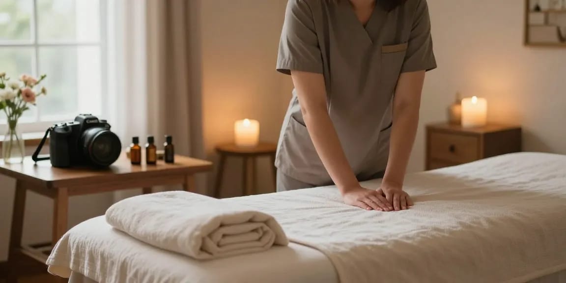 Relaxing 오산출장마사지 experience with professional therapist preparing a calm environment for clients.