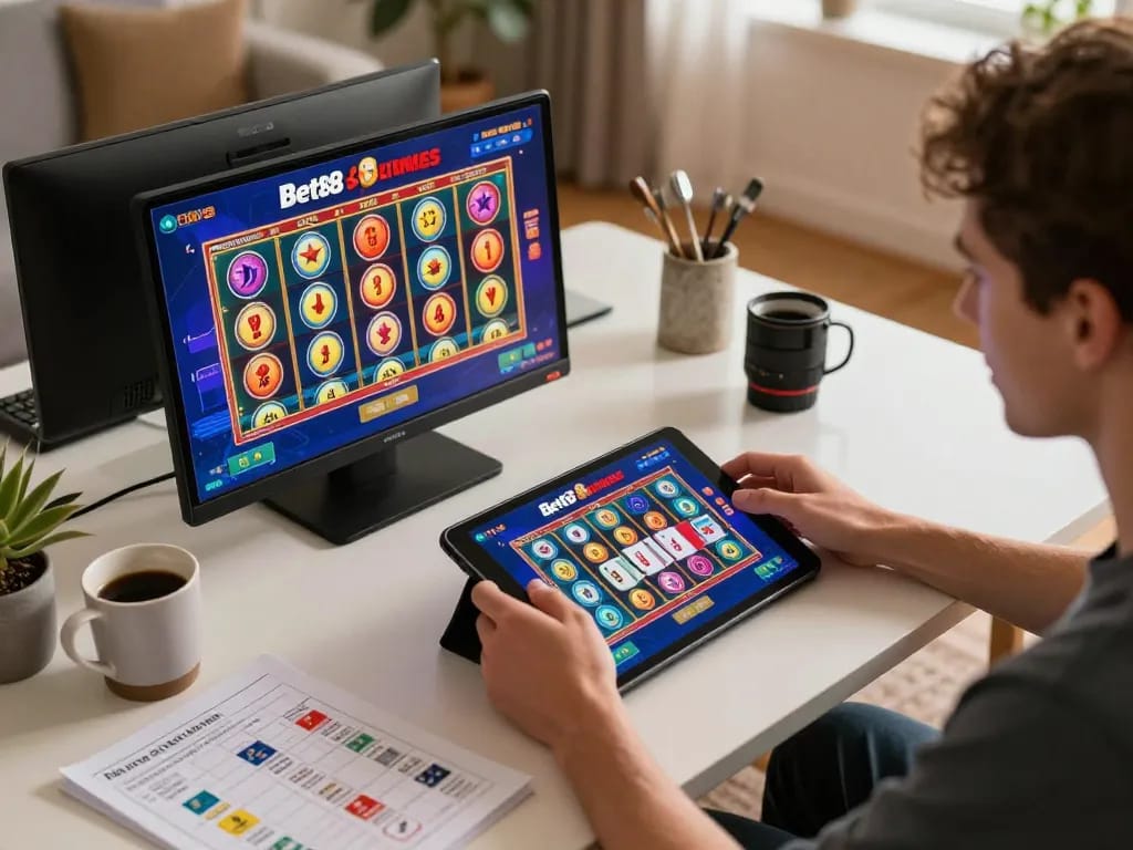 Experience the excitement of Bet88 with a player engaging in online gaming from a cozy home setting.