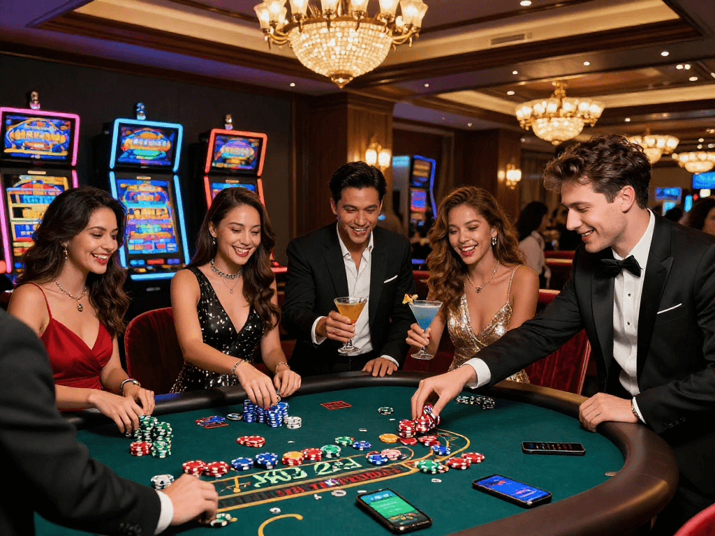 Friends enjoying gaming night at a casino with oxbet app on the table