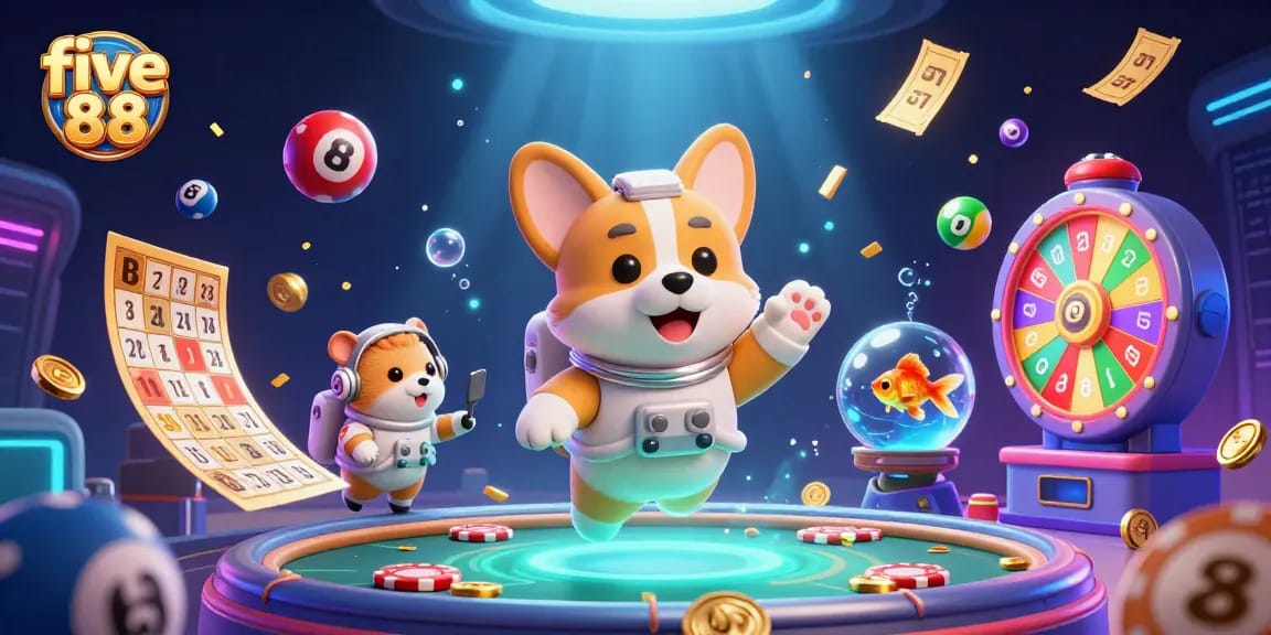 Five 88 gambling scene with a corgi astronaut and casino elements showcasing a vibrant cosmic atmosphere.