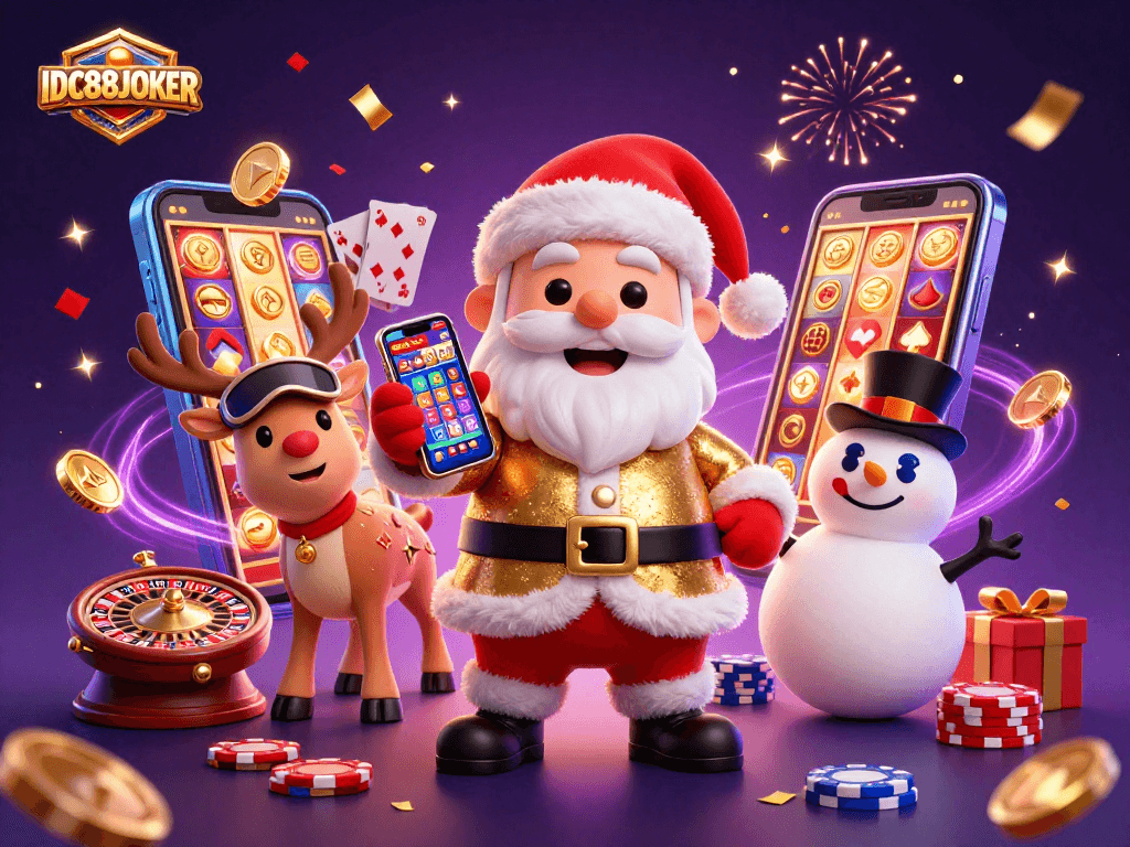 Join IDC88JOKER with Santa and friends celebrating jackpots in a vibrant casino scene