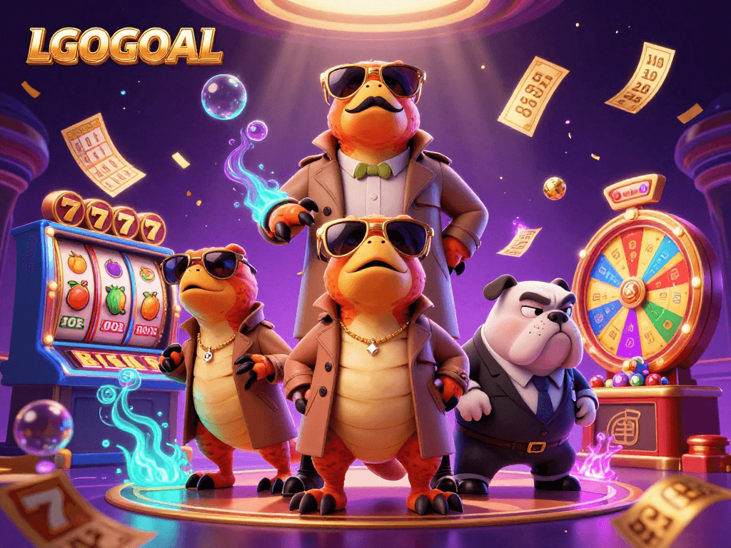 Experience gaming thrills with LGOGOAL's vibrant 3D casino scene filled with playful raptors.