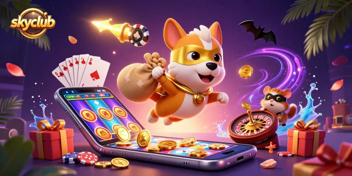 Skyclub offers a dynamic illustration showcasing a superhero dog amidst vibrant casino elements, symbolizing exciting gaming.