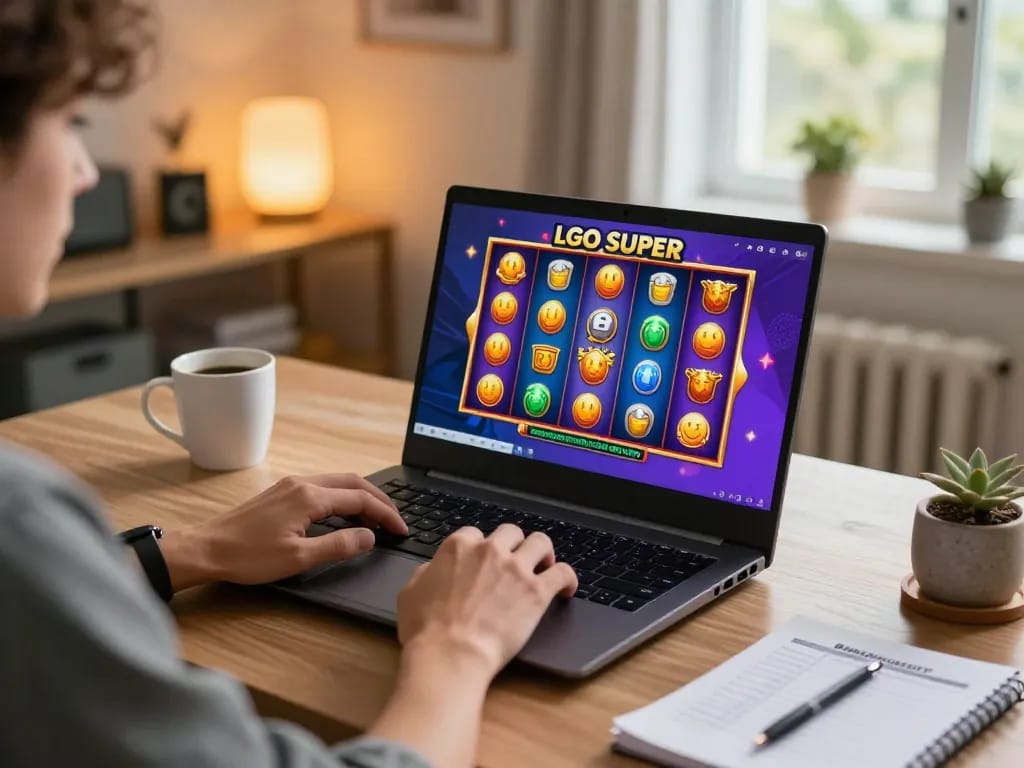 Engaging in LGO SUPER slot games on a sleek laptop in a cozy home setup, focusing on strategic gameplay.