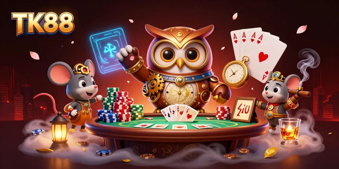 Join the thrilling adventures at TK88 casino with engaging characters in a vibrant 3D casino scene.
