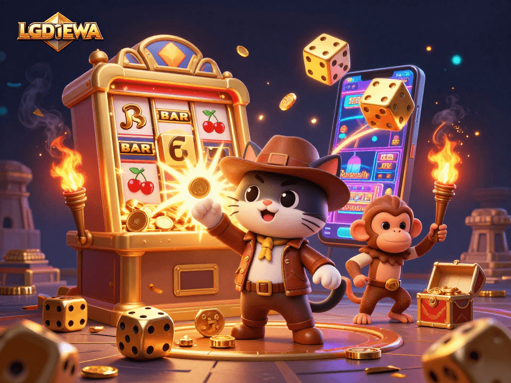 Engage with LGODEWA through an exciting 3D scene of a cat archaeologist discovering casino treasures.