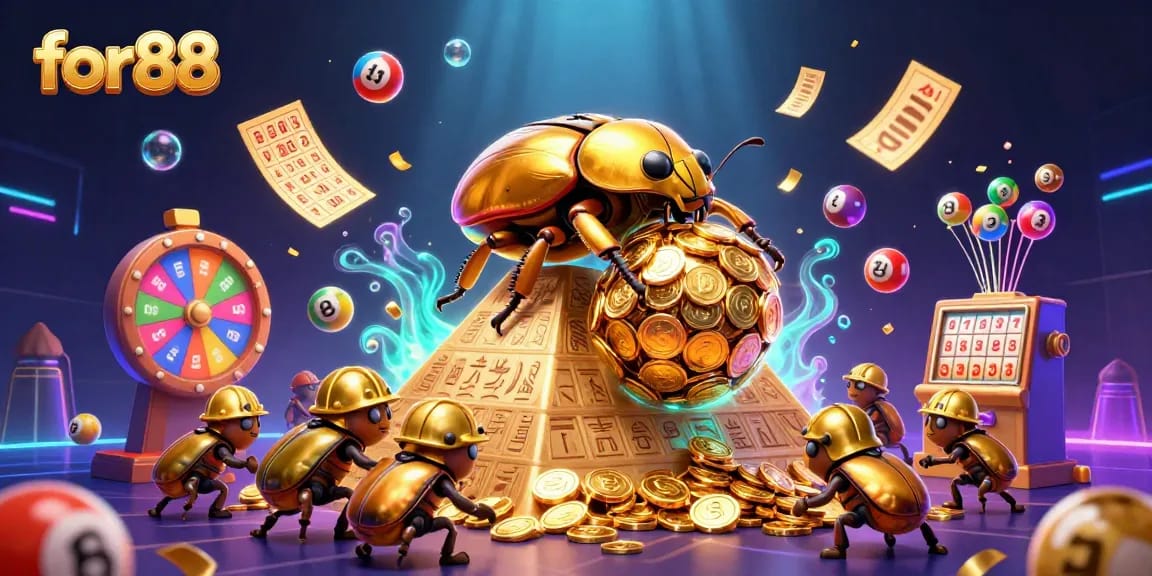 Engage with for88 as the golden beetle rolls coins in this thrilling casino scene.