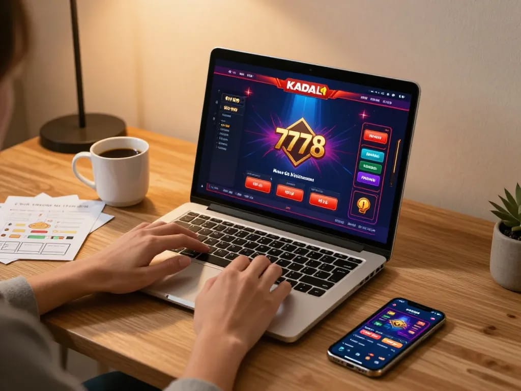 KADAL 778 online casino gameplay setup with laptop showing vibrant gaming interface and strategic notes.