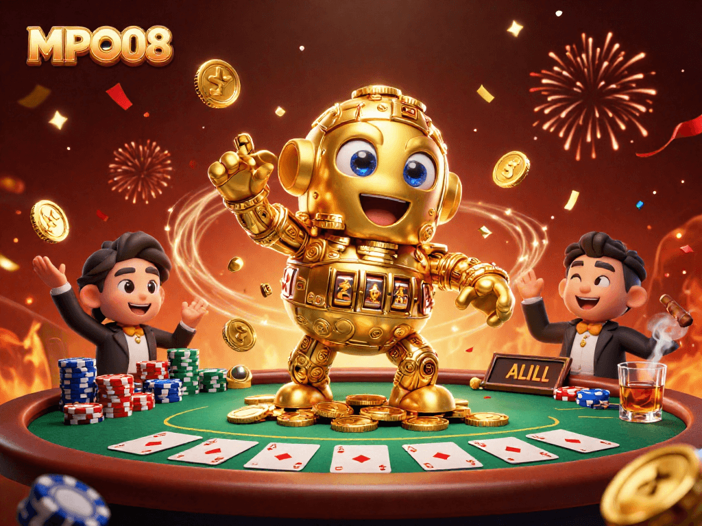 MPO08 captivates players with a dynamic gaming scene featuring a golden golem and vibrant poker elements.