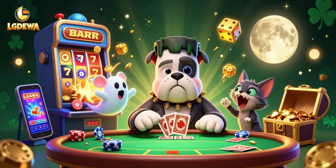Engage in thrilling card games with LGODEWA's lively 3D scene featuring cartoon monsters and poker elements.