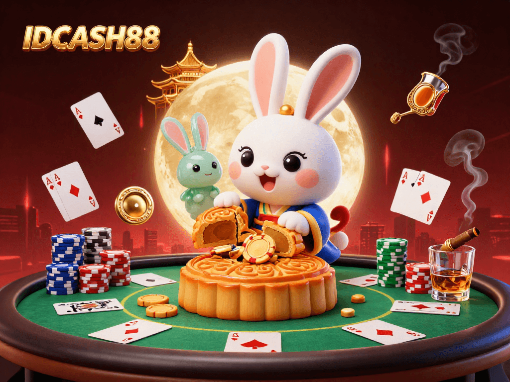 Experience exciting gameplay with IDCASH88 as moon rabbit breaks open mooncakes revealing poker chips amidst vibrant casino elements.