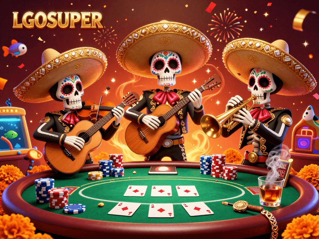 Engage in thrilling gameplay with LGOSUPER as skeleton mariachis celebrate at a vibrant fish shooting game scene.