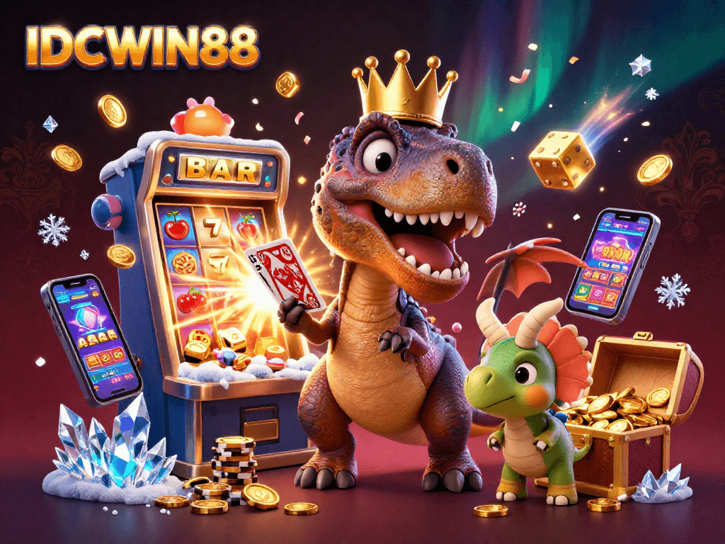 Experience the excitement of IDCWIN88 with a fun dinosaur-themed casino scene featuring dynamic game elements.
