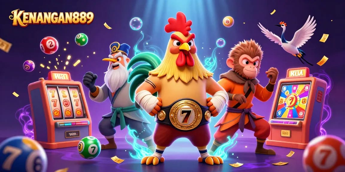 Experience excitement with KENANGAN889's dynamic jackpot scene featuring energetic characters and vibrant casino elements.