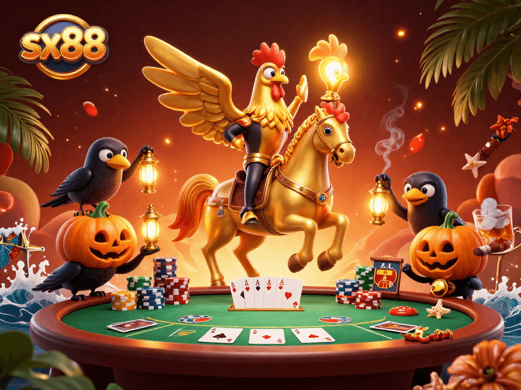 Engage in thrilling poker action at SX88 with a golden rooster riding a spectral horse, surrounded by vibrant casino elements.