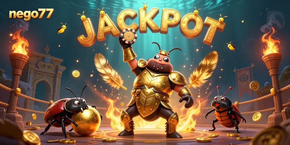 Play exciting games at nego77, featuring a victorious beetle lifting a poker chip in a vibrant casino scene.