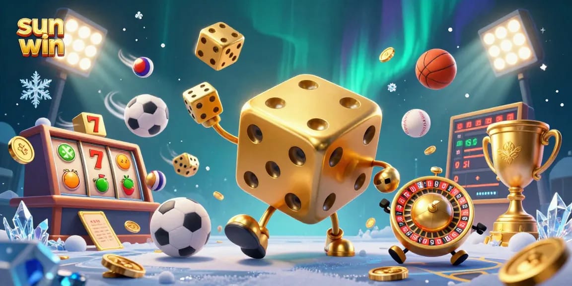 Win big with sun win - dynamic 3D casino scene featuring golden dice and vibrant game elements.