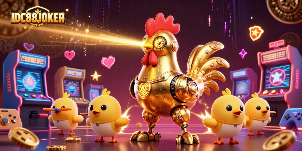 Engage with IDC88JOKER, a vibrant 3D casino scene featuring a golden rooster robot and game machines.