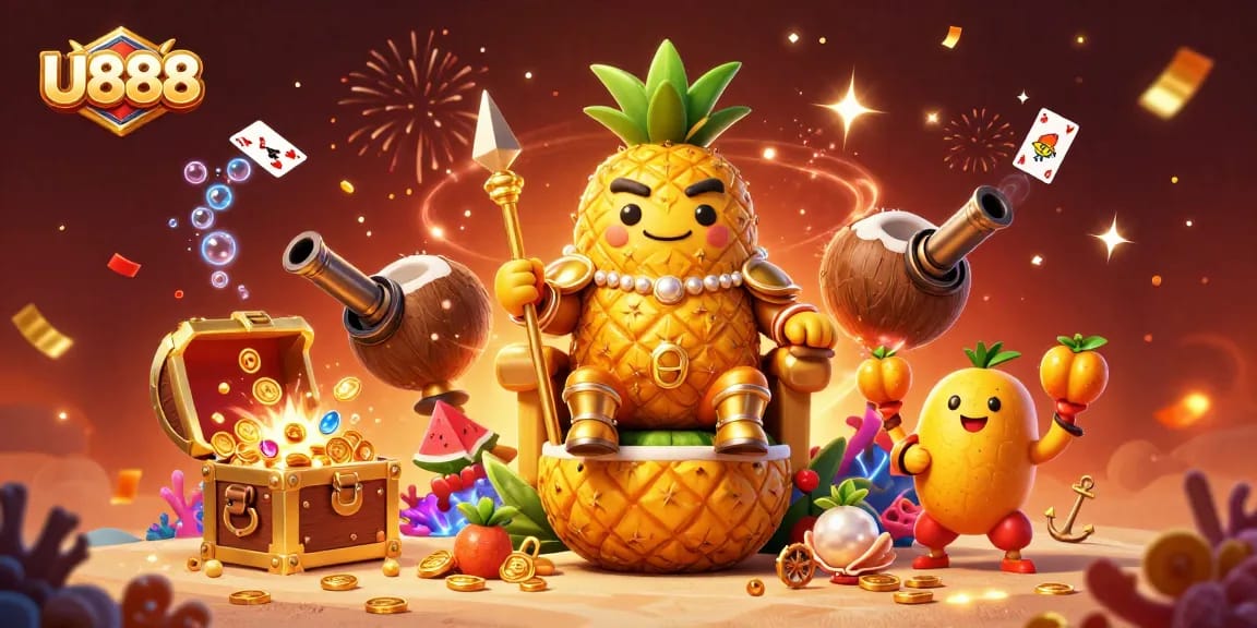 Experience the excitement of U888 with a golden pineapple king and carnival elements.